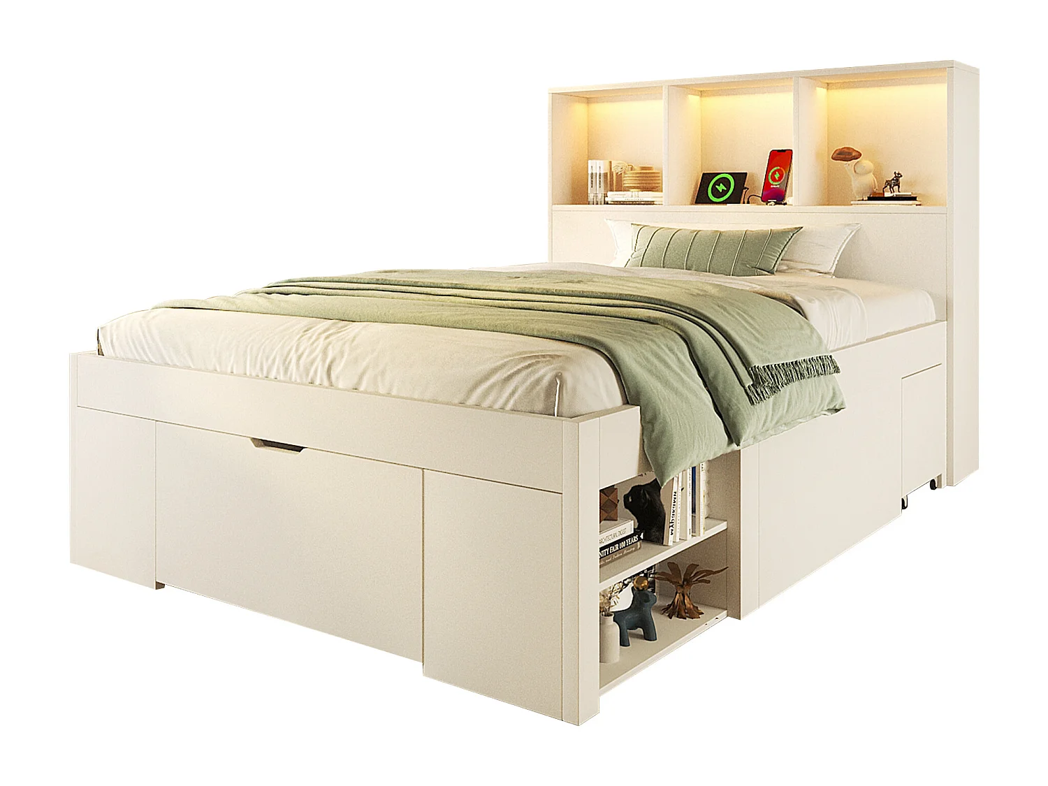 Einzelbett aus Holz mit Stauraum - 90 x 200 cm - mit abnehmbarem Nachttisch + LEDs + USB + Schubladen + Regalen - weiß (Matratze inklusive)