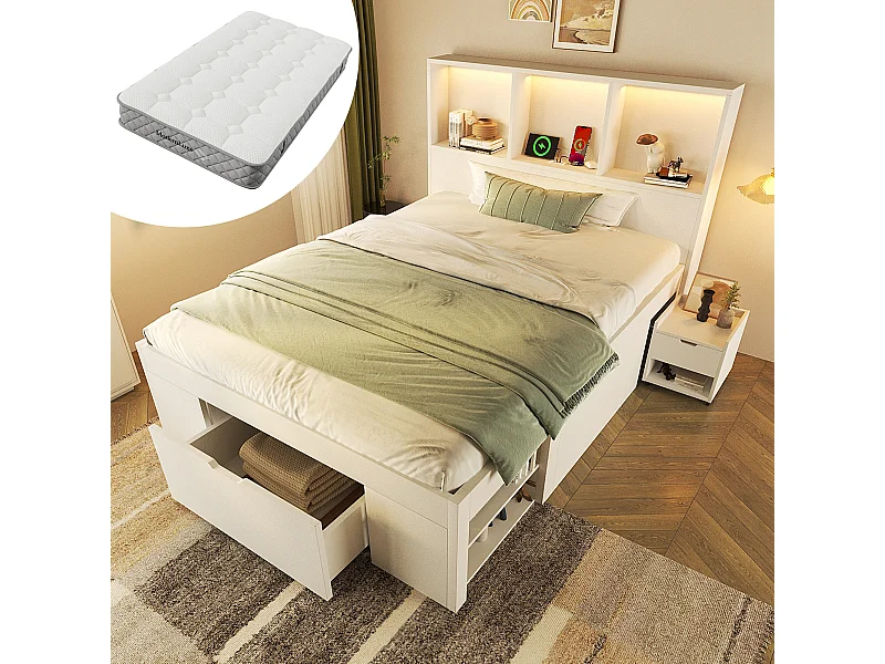 Einzelbett aus Holz mit Stauraum - 90 x 200 cm - mit abnehmbarem Nachttisch + LEDs + USB + Schubladen + Regalen - weiß (Matratze inklusive)