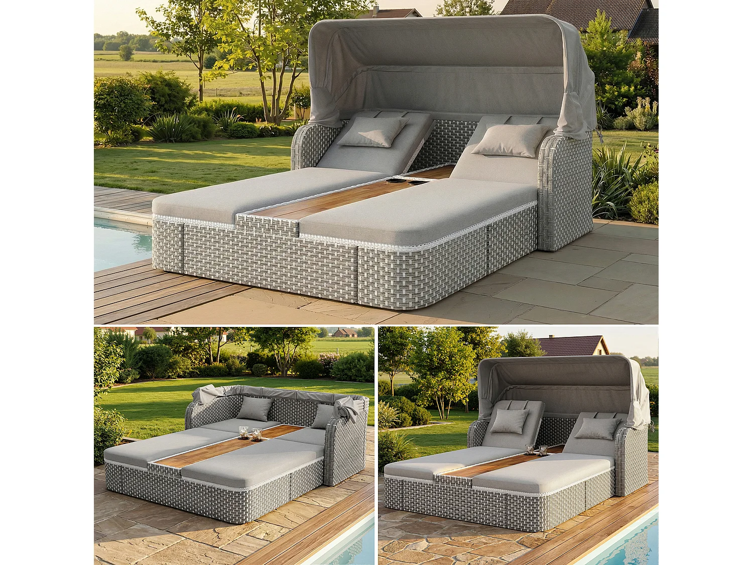 Bain de soleil de jardin avec parasol - fauteuil relaxant - Îlot de jardin en rotin avec auvent - métal - gris