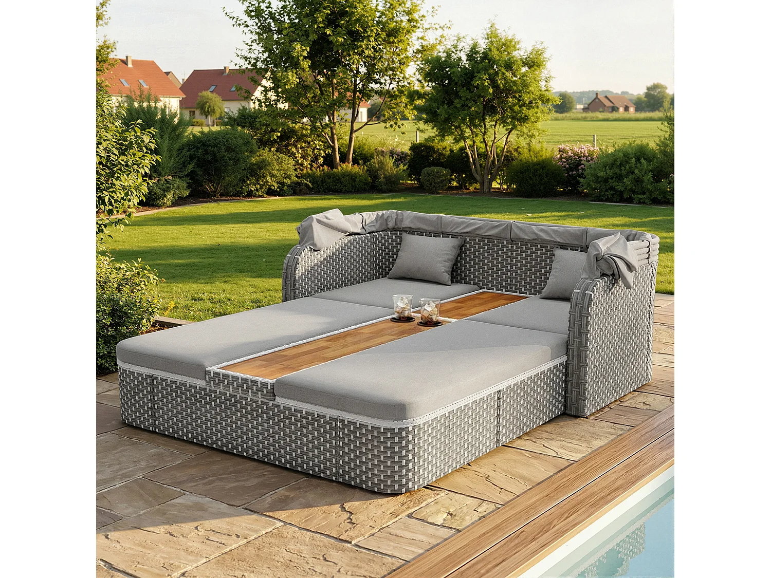 Bain de soleil de jardin avec parasol - fauteuil relaxant - Îlot de jardin en rotin avec auvent - métal - gris
