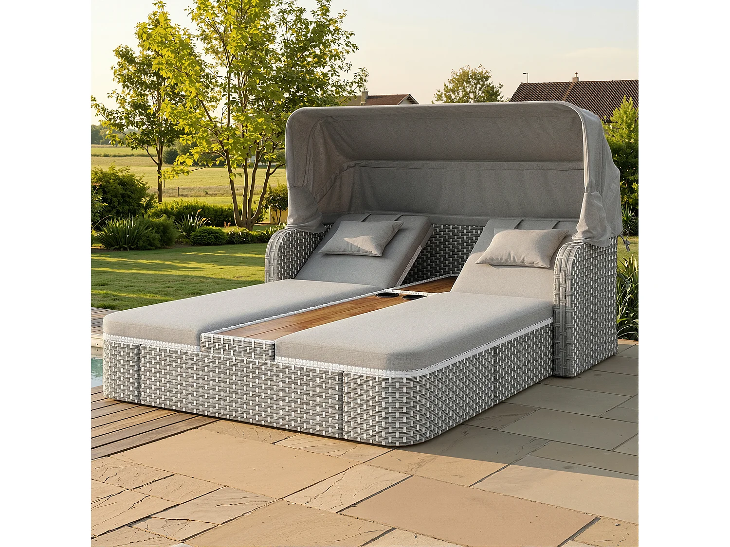 Bain de soleil de jardin avec parasol - fauteuil relaxant - Îlot de jardin en rotin avec auvent - métal - gris