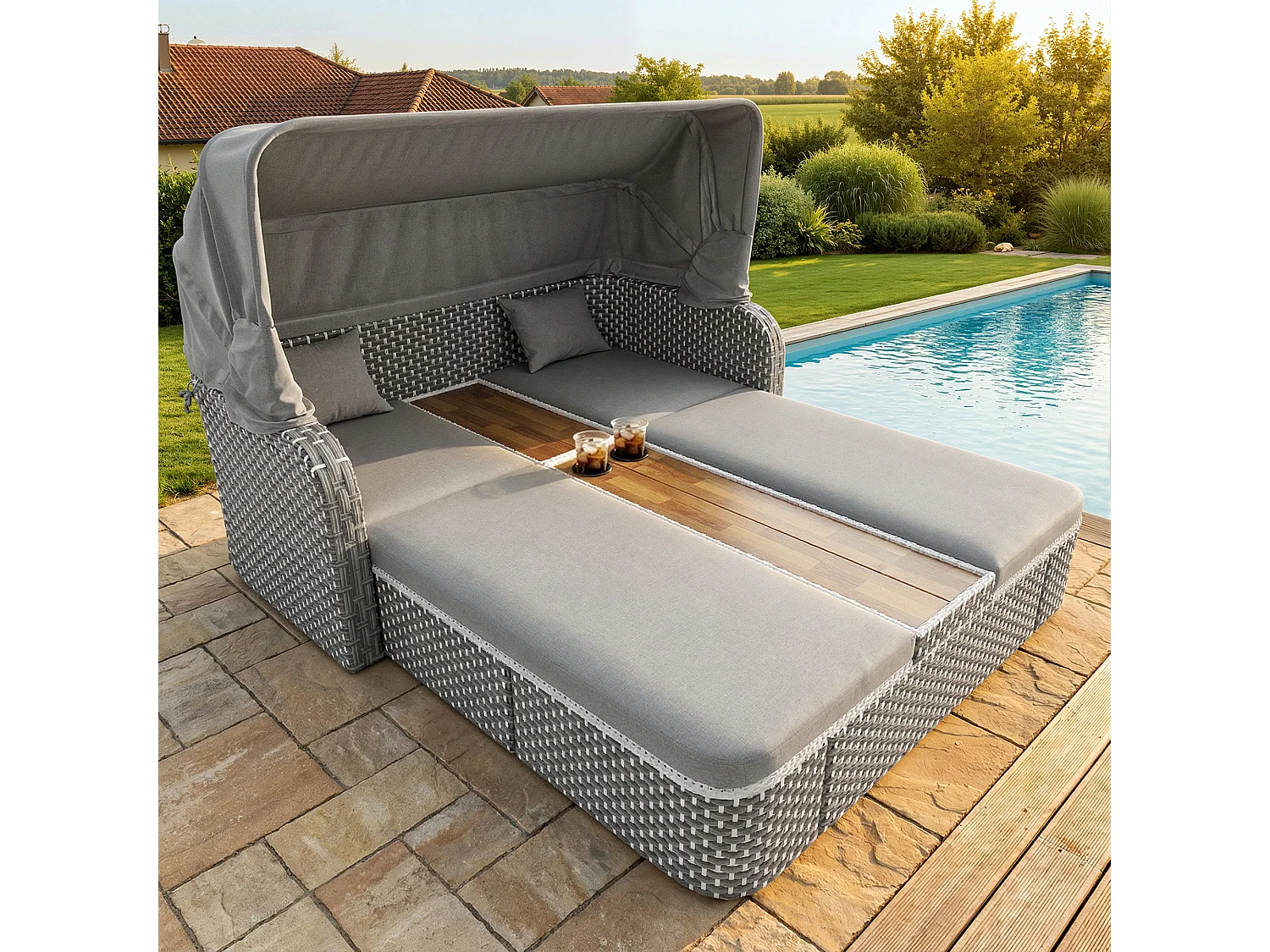 Bain de soleil de jardin avec parasol - fauteuil relaxant - Îlot de jardin en rotin avec auvent - métal - gris