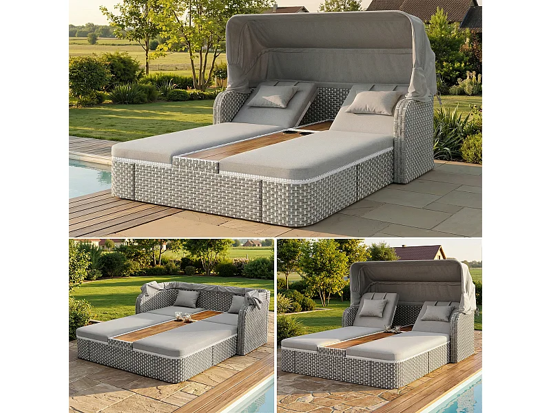 Bain de soleil de jardin avec parasol - fauteuil relaxant - Îlot de jardin en rotin avec auvent - métal - gris