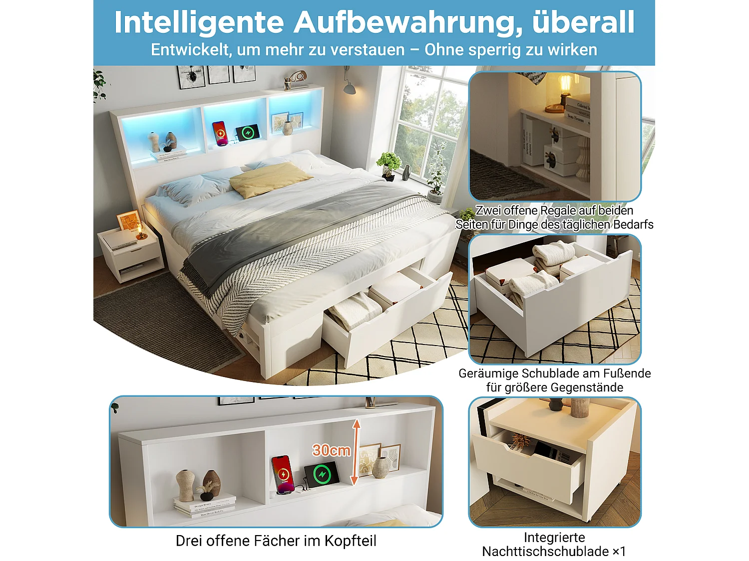 Lit coffre simple en bois - 90 x 200 cm - avec table de chevet amovible + Leds + USB + tiroirs + étagères - blanc