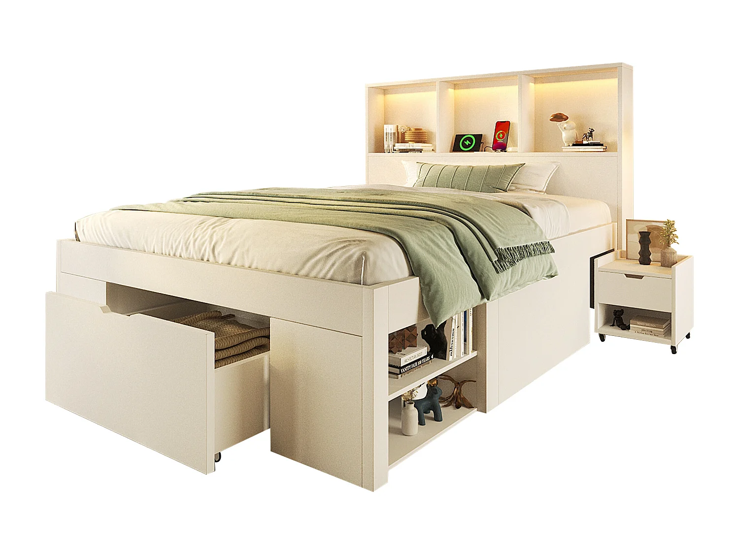 Lit coffre simple en bois - 90 x 200 cm - avec table de chevet amovible + Leds + USB + tiroirs + étagères - blanc