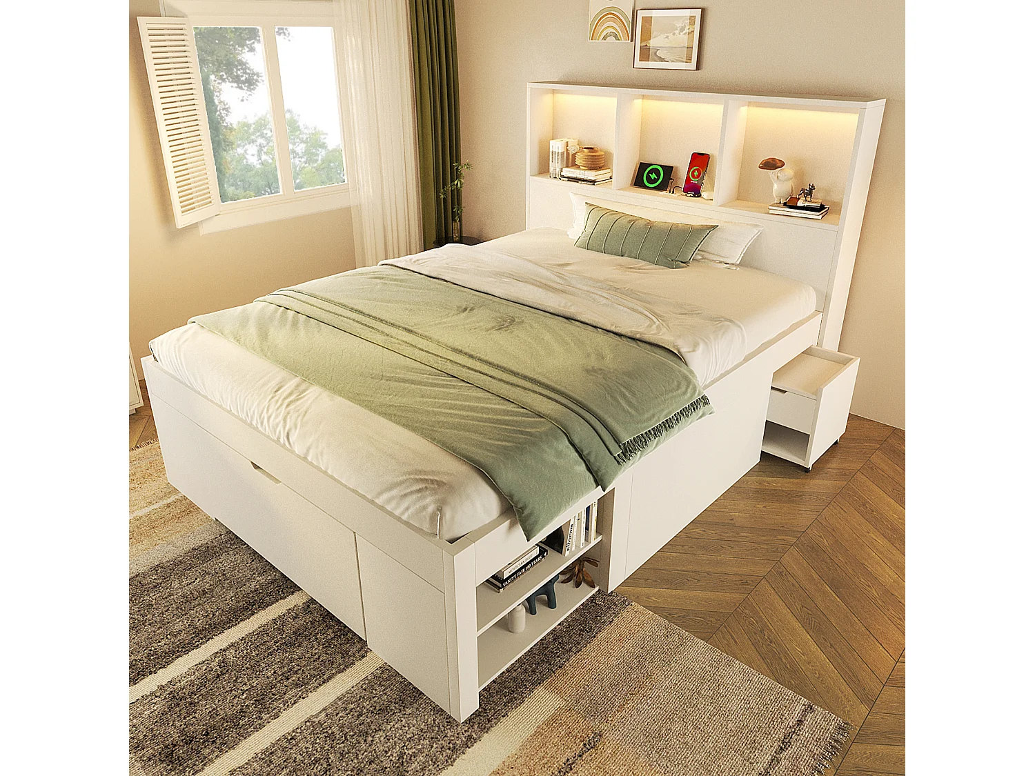 Lit coffre simple en bois - 90 x 200 cm - avec table de chevet amovible + Leds + USB + tiroirs + étagères - blanc