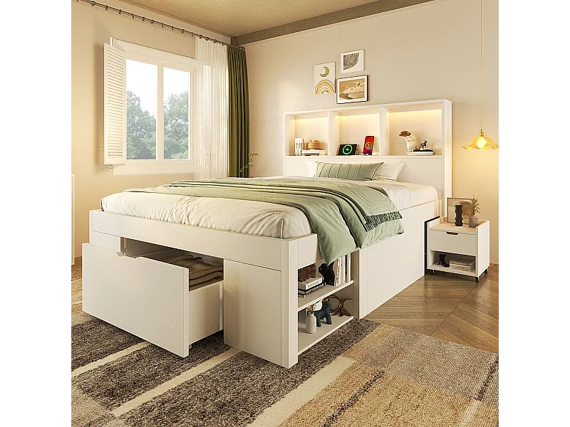 Lit coffre simple en bois - 90 x 200 cm - avec table de chevet amovible + Leds + USB + tiroirs + étagères - blanc