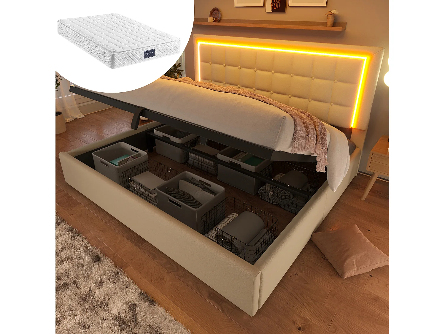 Letto contenitore matrimoniale imbottito - 160 x 200 cm - con rete a doghe + LED + contenitore idraulico - PU - bianco (materasso incluso)