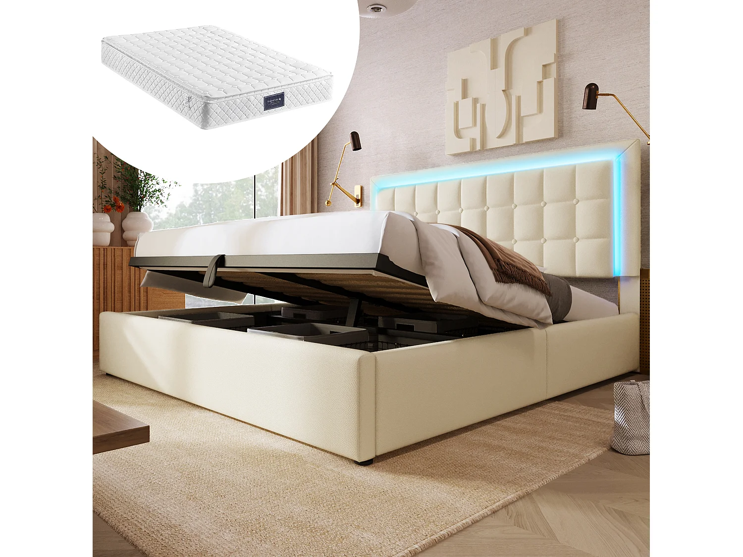 Letto contenitore matrimoniale imbottito - 160 x 200 cm - con rete a doghe + LED + contenitore idraulico - PU - bianco (materasso incluso)