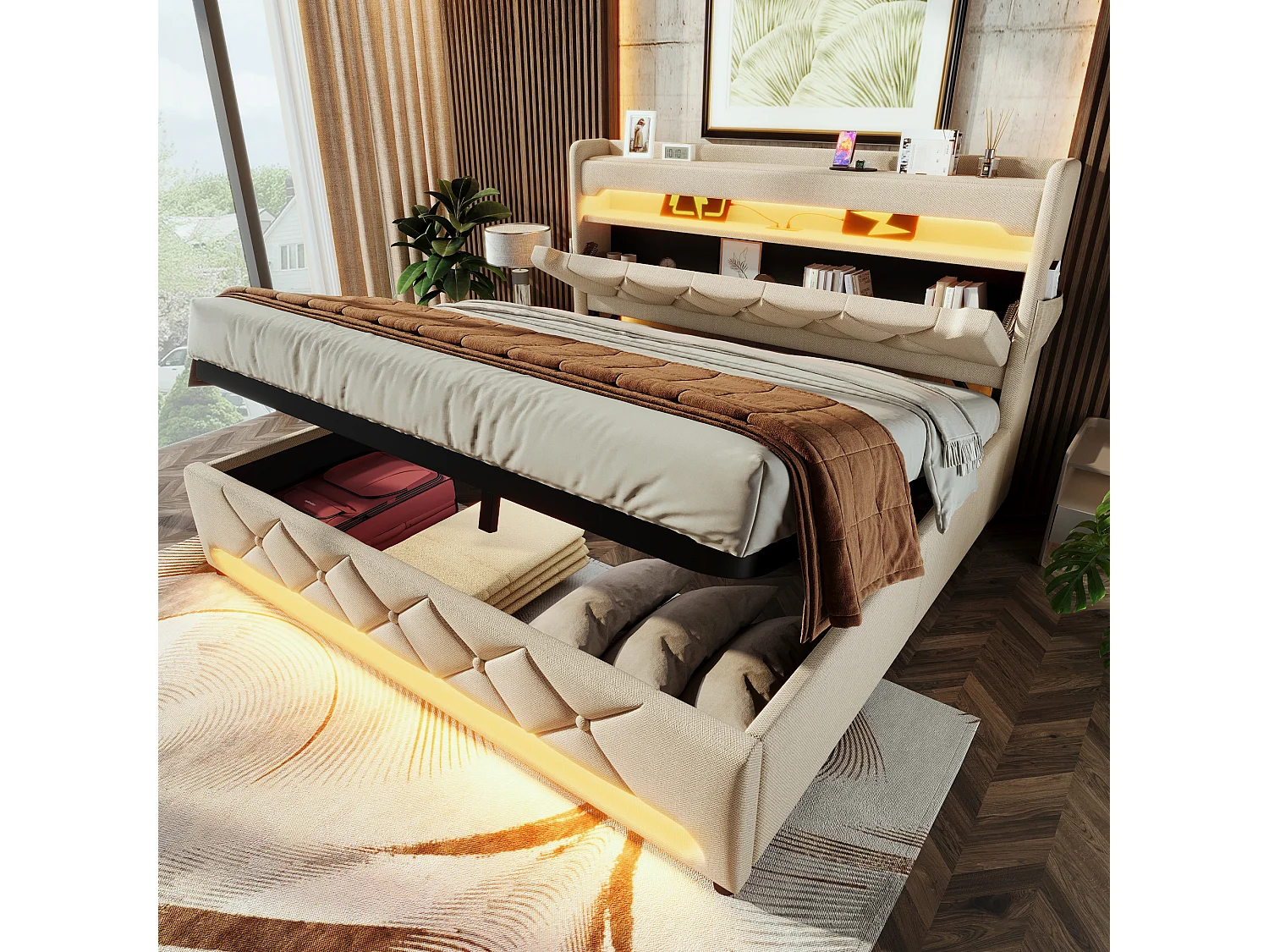 Gepolstertes Doppelbett mit Stauraum – 140 x 190 cm – mit Kopfteil mit Stauraum 360°-LED-Beleuchtung und hydraulischer – Leinenbezug – Beige