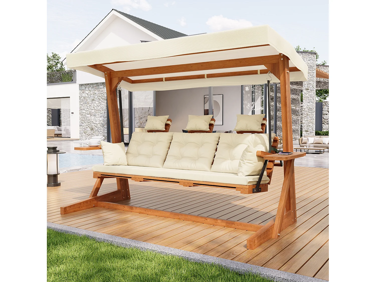 Balançoire mobilier de jardin robuste - avec coussins + oreillers + toit + repose-pieds - bois - naturel