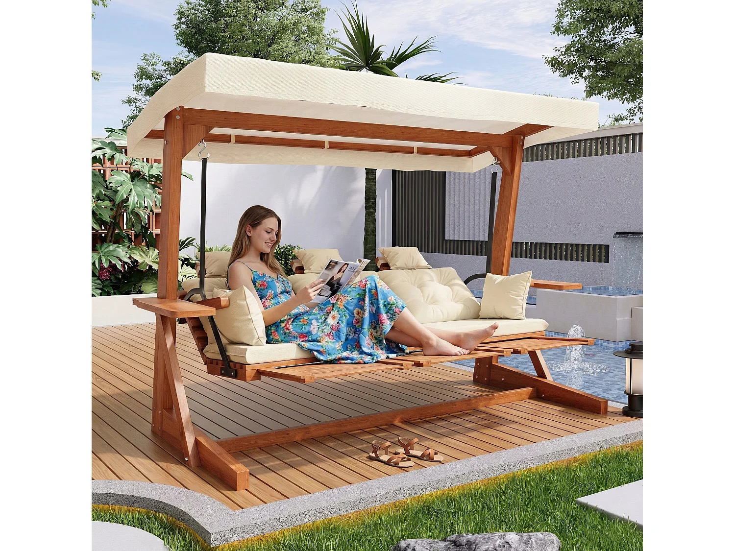 Balançoire mobilier de jardin robuste - avec coussins + oreillers + toit + repose-pieds - bois - naturel