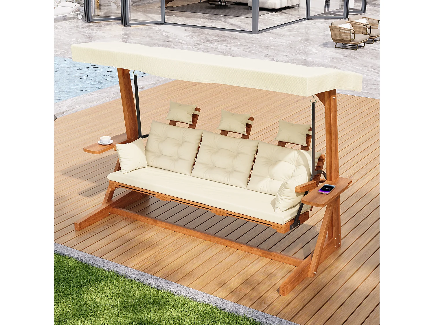 Balançoire mobilier de jardin robuste - avec coussins + oreillers + toit + repose-pieds - bois - naturel
