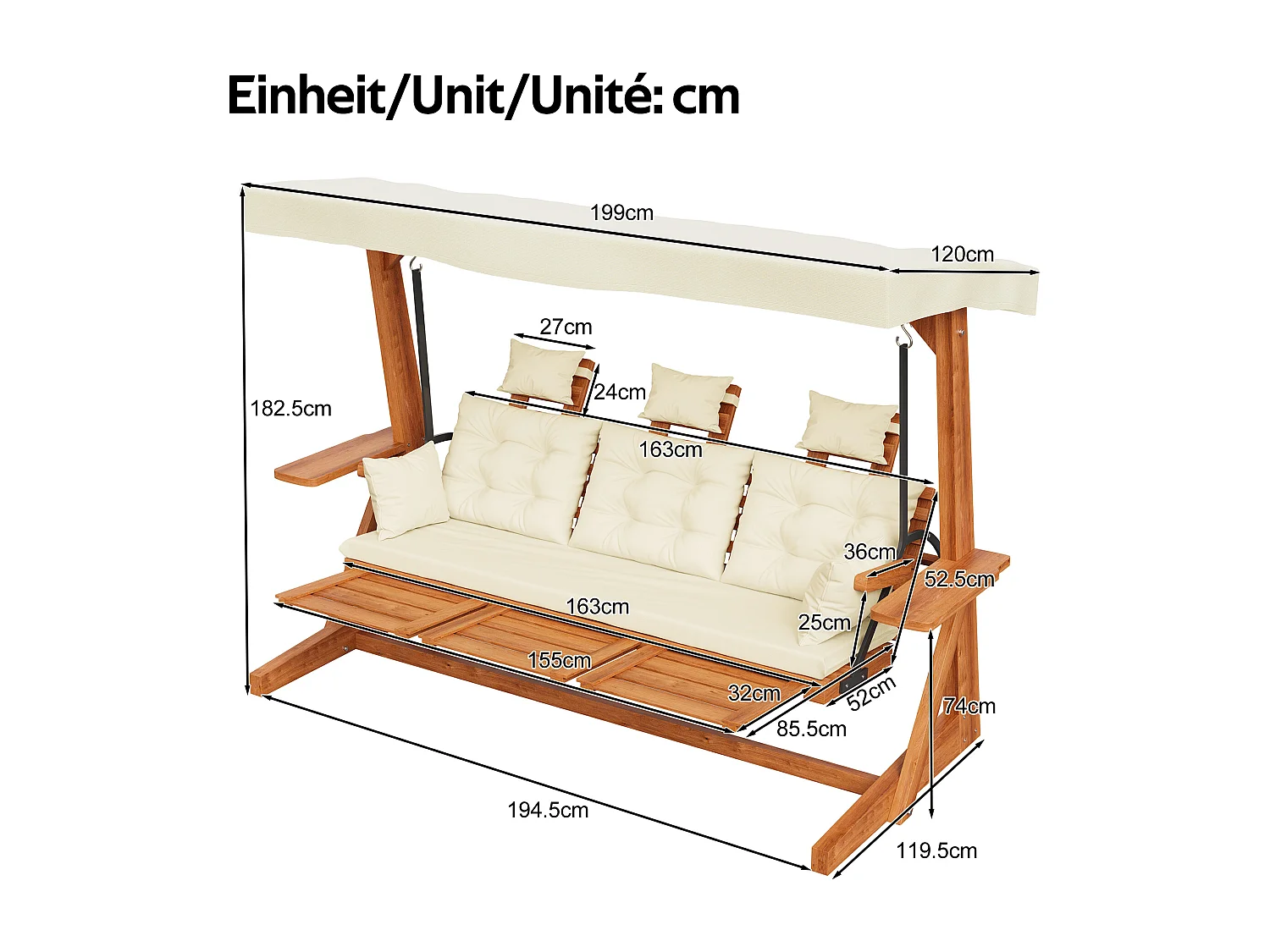 Balançoire mobilier de jardin robuste - avec coussins + oreillers + toit + repose-pieds - bois - naturel
