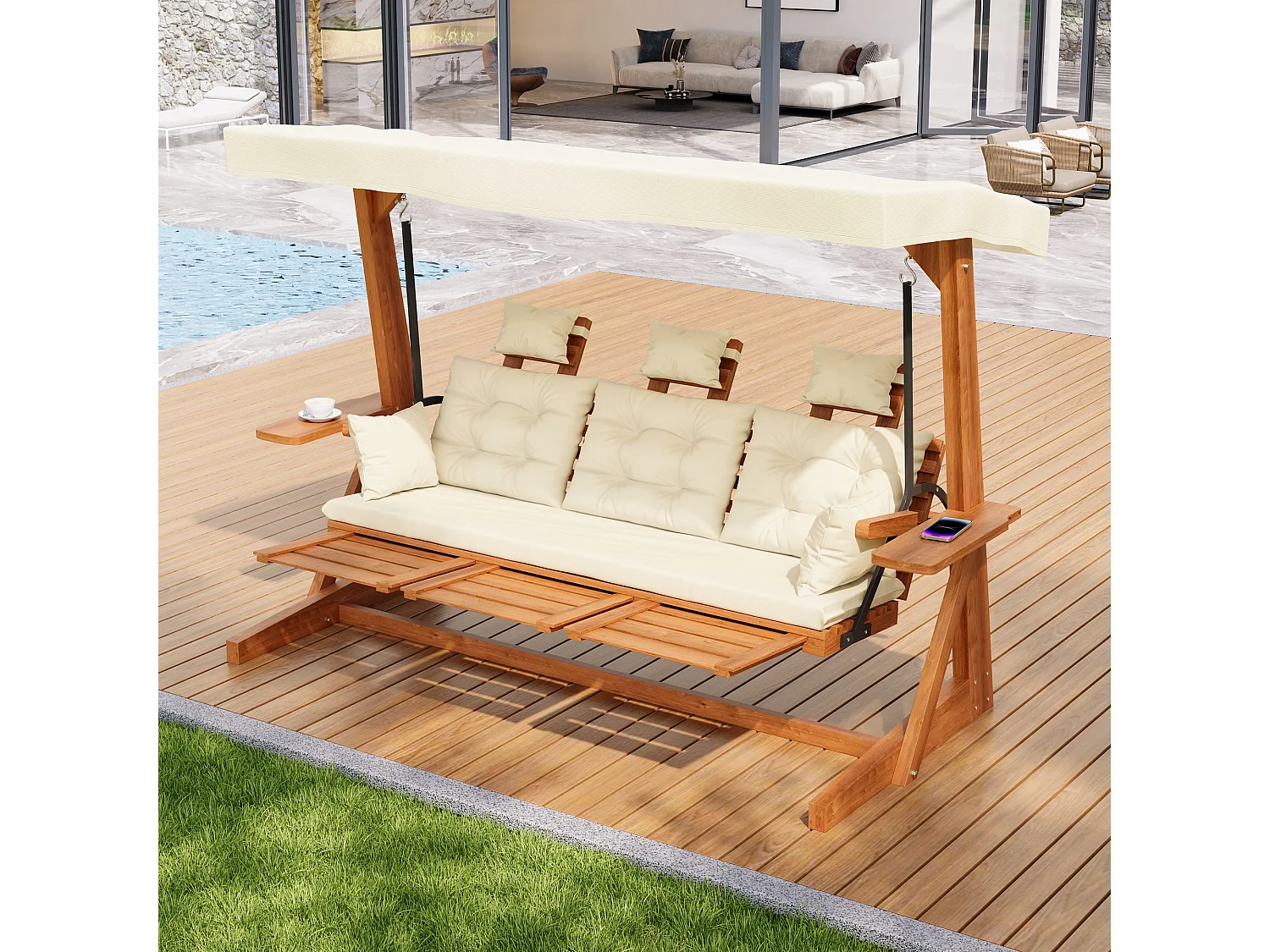 Balançoire mobilier de jardin robuste - avec coussins + oreillers + toit + repose-pieds - bois - naturel