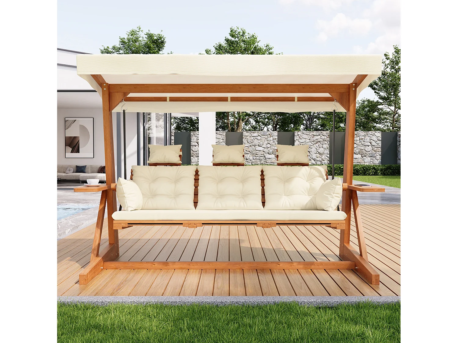 Balançoire mobilier de jardin robuste - avec coussins + oreillers + toit + repose-pieds - bois - naturel