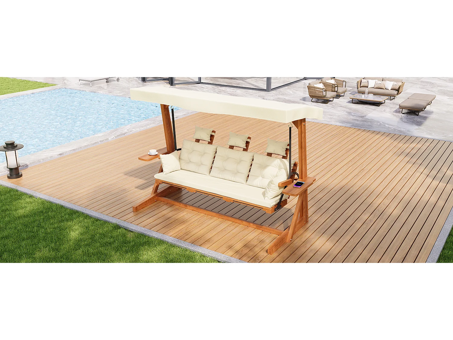 Balançoire mobilier de jardin robuste - avec coussins + oreillers + toit + repose-pieds - bois - naturel
