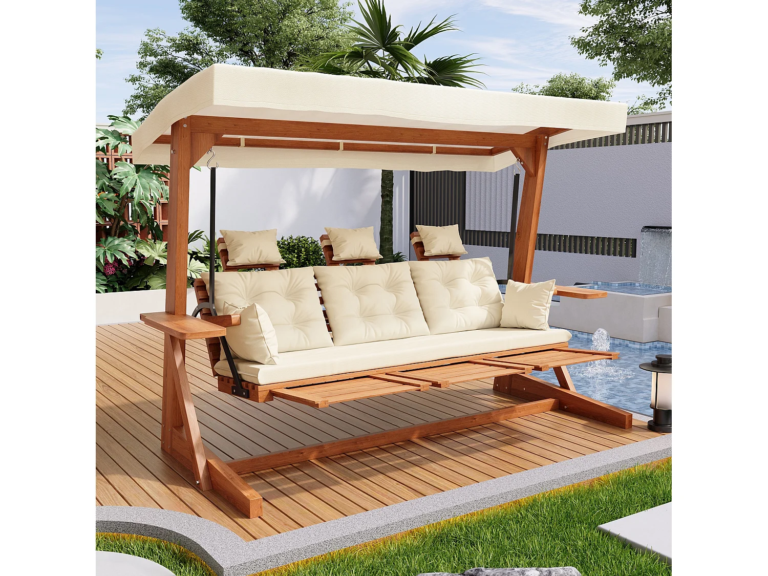 Balançoire mobilier de jardin robuste - avec coussins + oreillers + toit + repose-pieds - bois - naturel