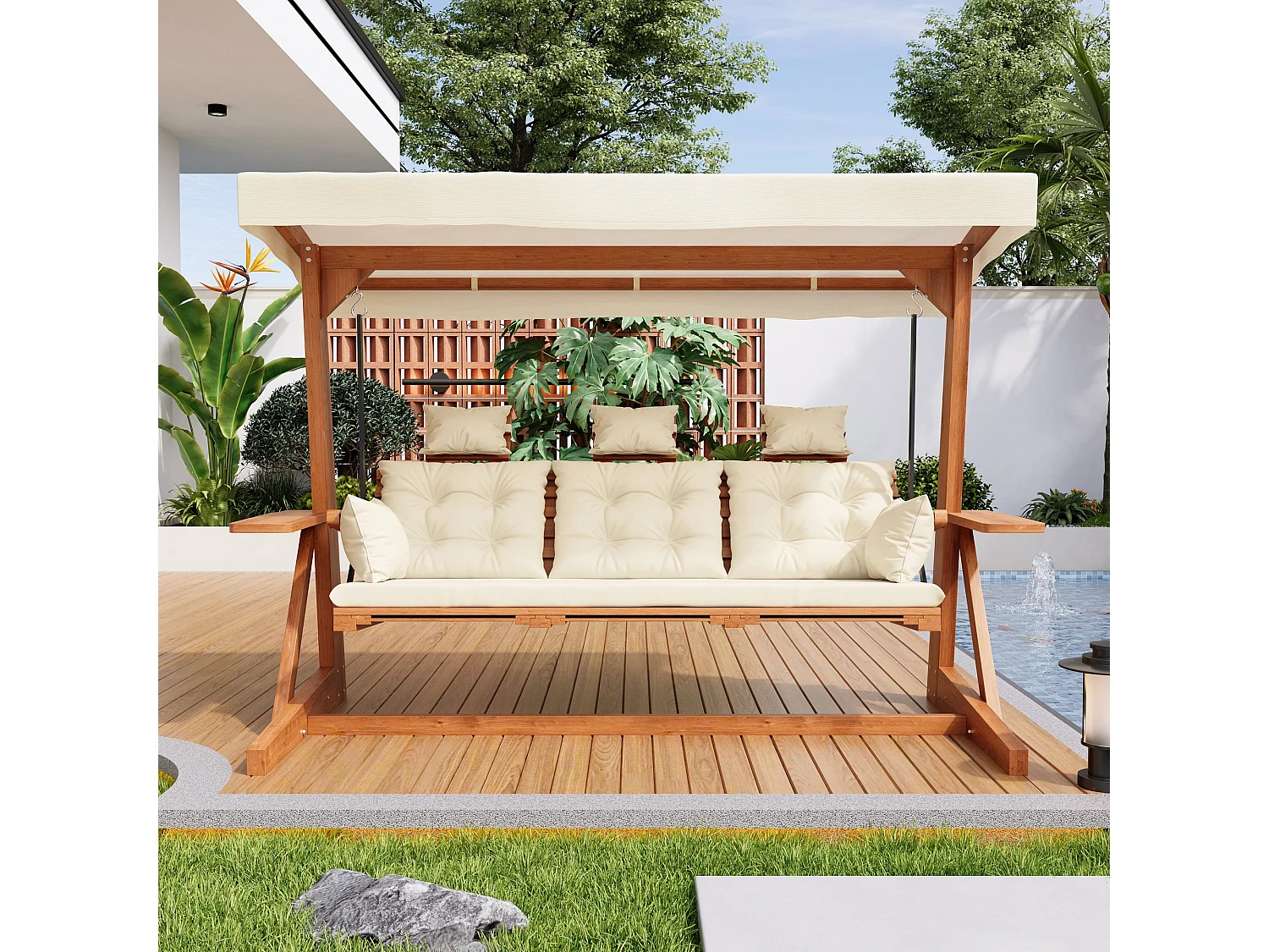 Balançoire mobilier de jardin robuste - avec coussins + oreillers + toit + repose-pieds - bois - naturel