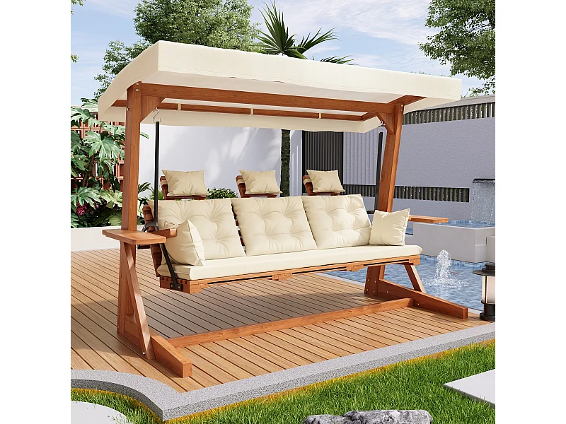 Balançoire mobilier de jardin robuste - avec coussins + oreillers + toit + repose-pieds - bois - naturel