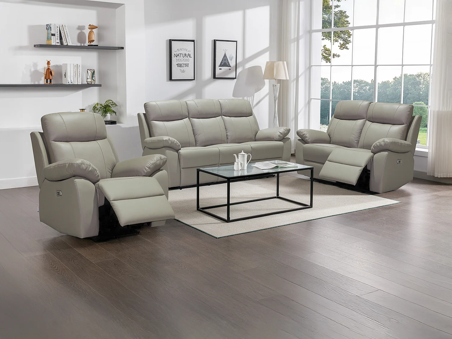 Canapés 3 places, 2 places et un fauteuil relax électrique en cuir taupe VIPINO