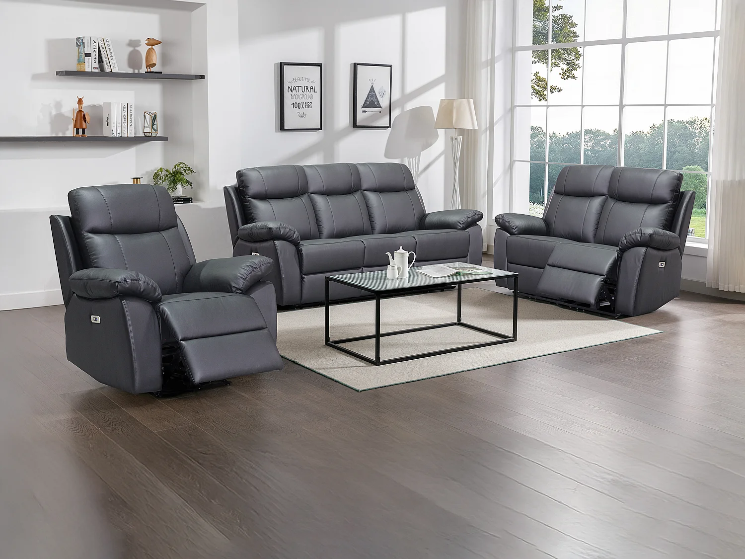 Canapés 3 places, 2 places et un fauteuil relax électrique en cuir noir VIPINO