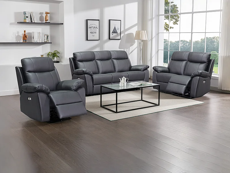 Canapés 3 places, 2 places et un fauteuil relax électrique en cuir noir VIPINO