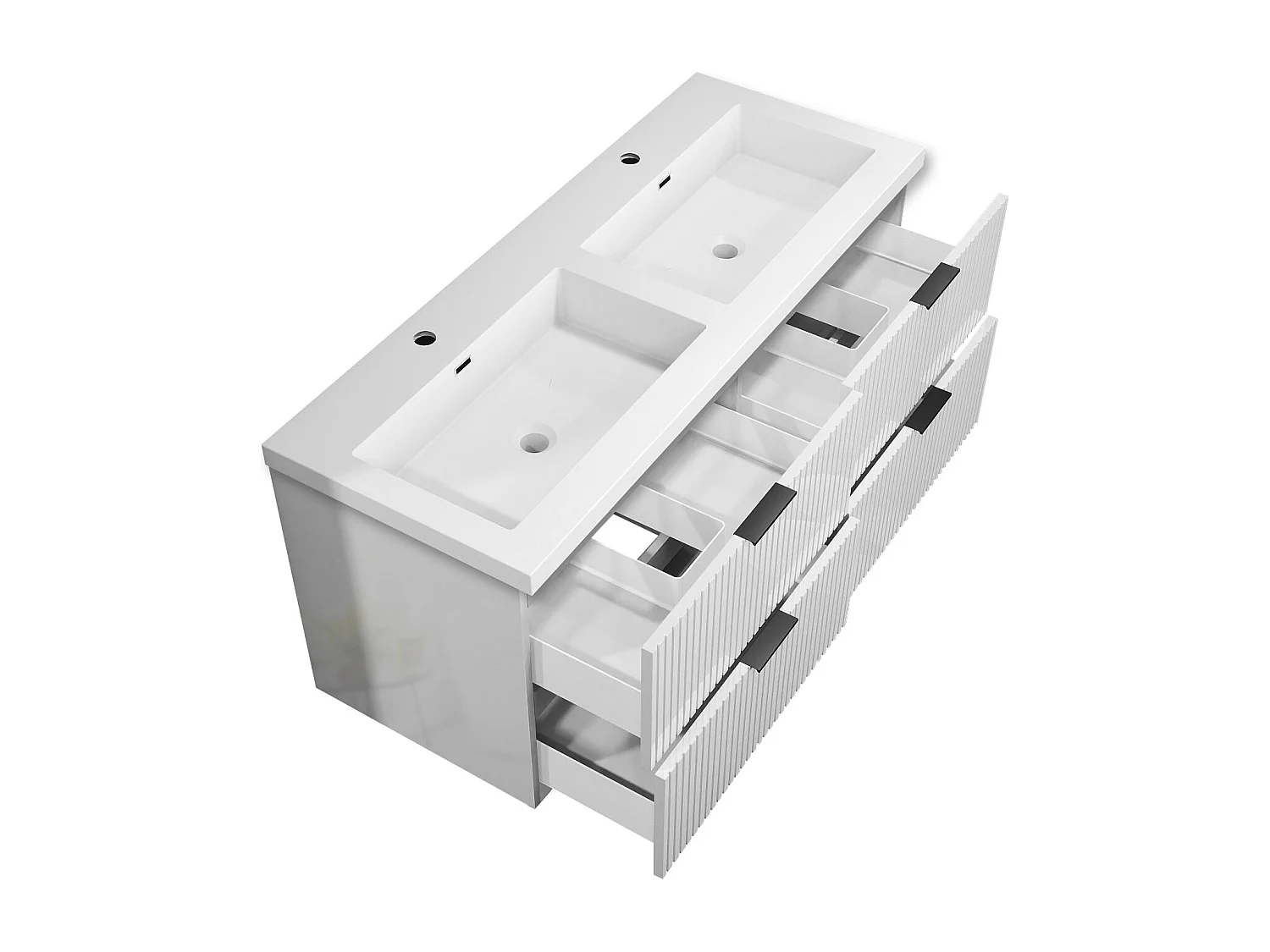 Meuble de salle de bain suspendu Strié Brillant 120cm avec simple lavabo + 4 tiroirs, Blanc