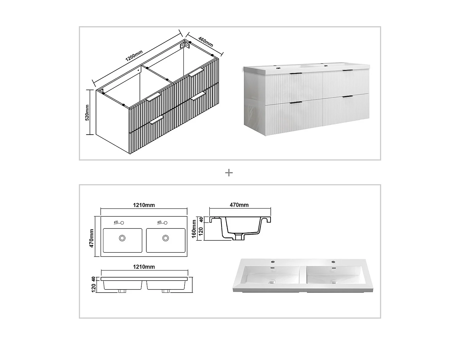Meuble de salle de bain suspendu Strié Brillant 120cm avec simple lavabo + 4 tiroirs, Blanc