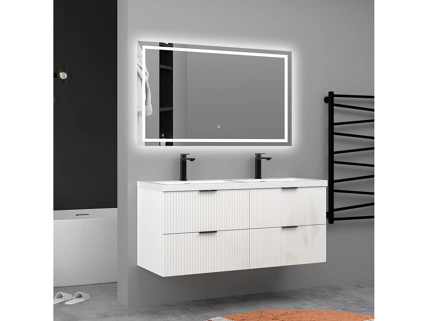 Meuble de salle de bain suspendu Strié Brillant 120cm avec simple lavabo + 4 tiroirs, Blanc