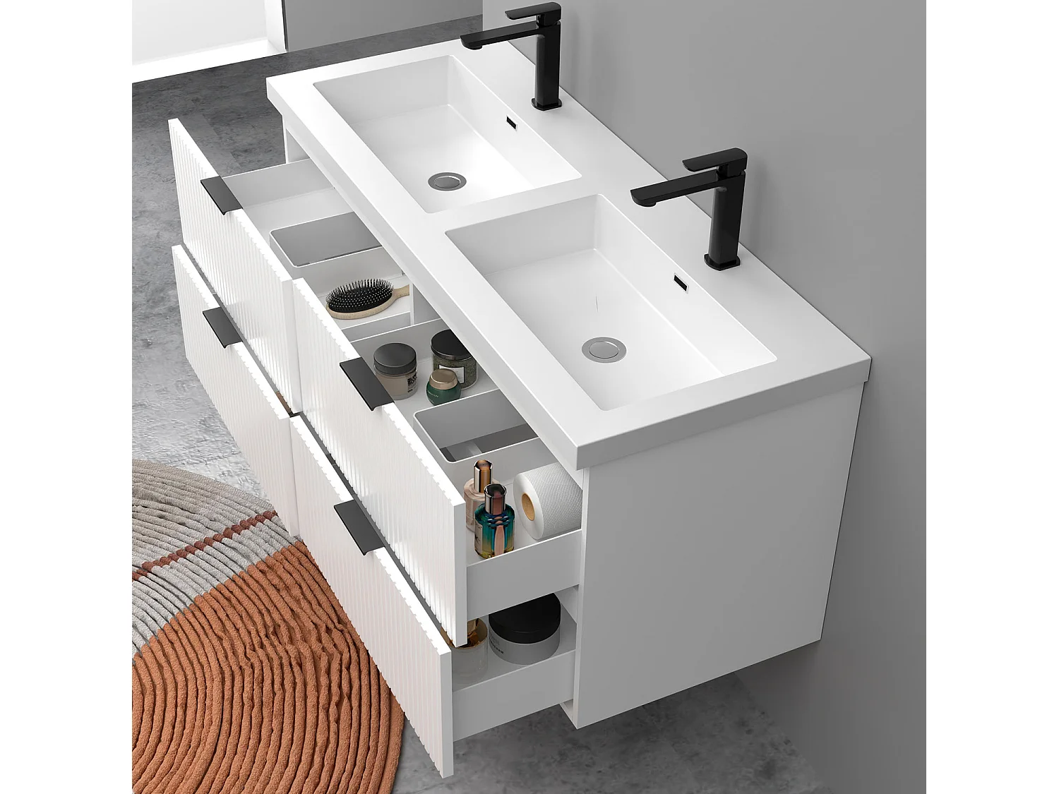 Meuble de salle de bain suspendu Strié Brillant 120cm avec simple lavabo + 4 tiroirs, Blanc