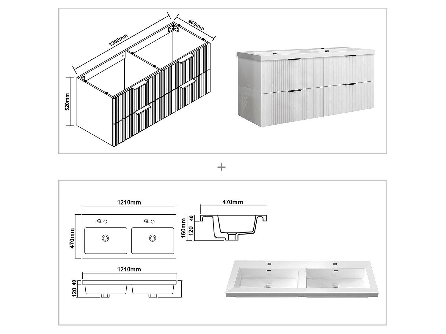 Meuble de salle de bain suspendu Strié Brillant 120cm avec simple lavabo + 4 tiroirs, Blanc