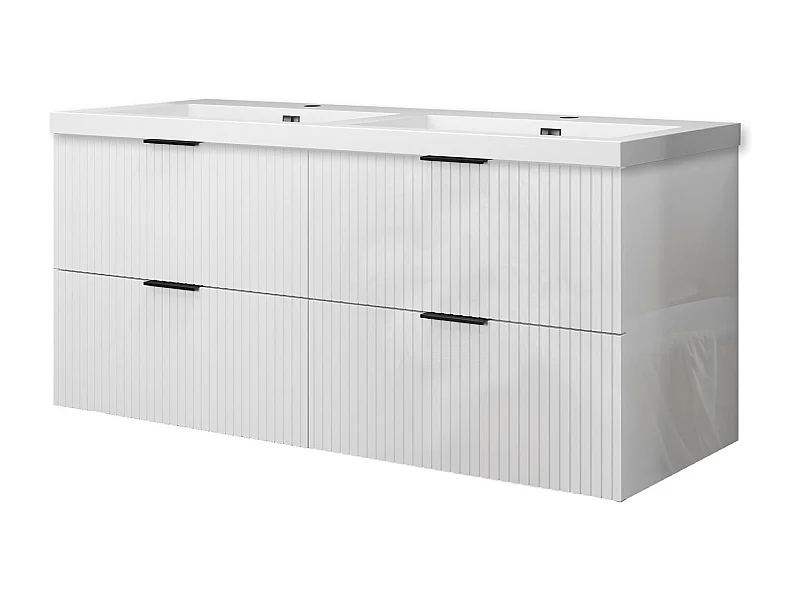 Meuble de salle de bain suspendu Strié Brillant 120cm avec simple lavabo + 4 tiroirs, Blanc