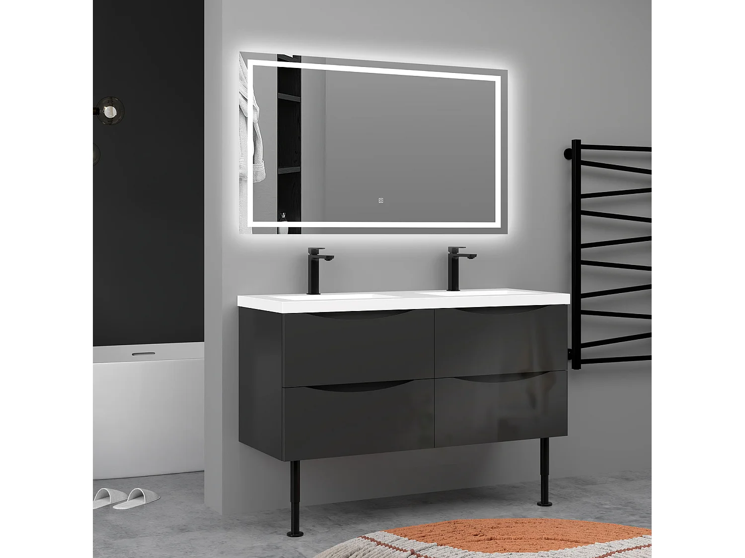 Meuble de salle de bain Brillant, Meuble de sol 120cm avec simple vasque + 4 tiroirs, Anthracite