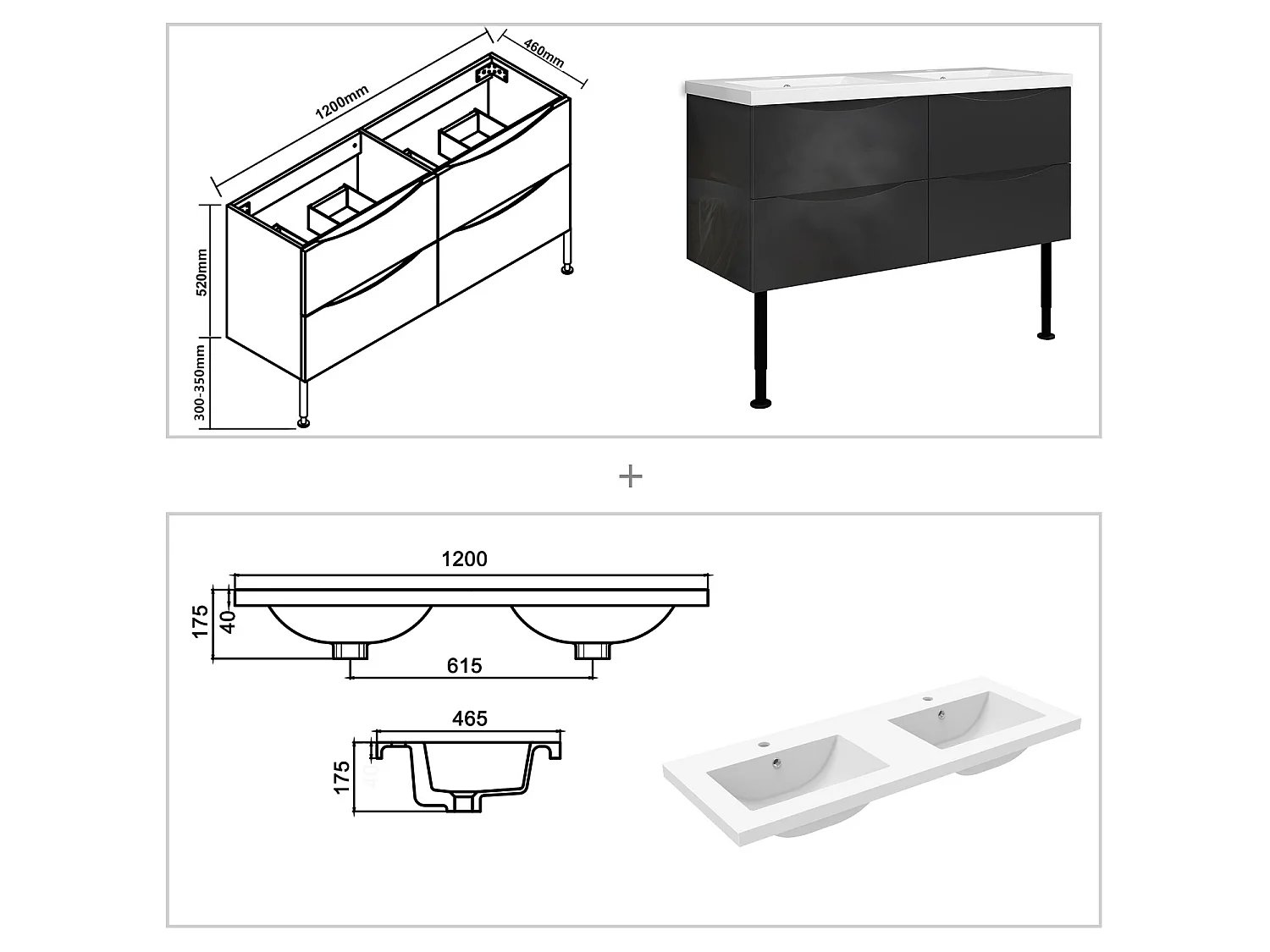 Meuble de salle de bain Brillant, Meuble de sol 120cm avec simple vasque + 4 tiroirs, Anthracite