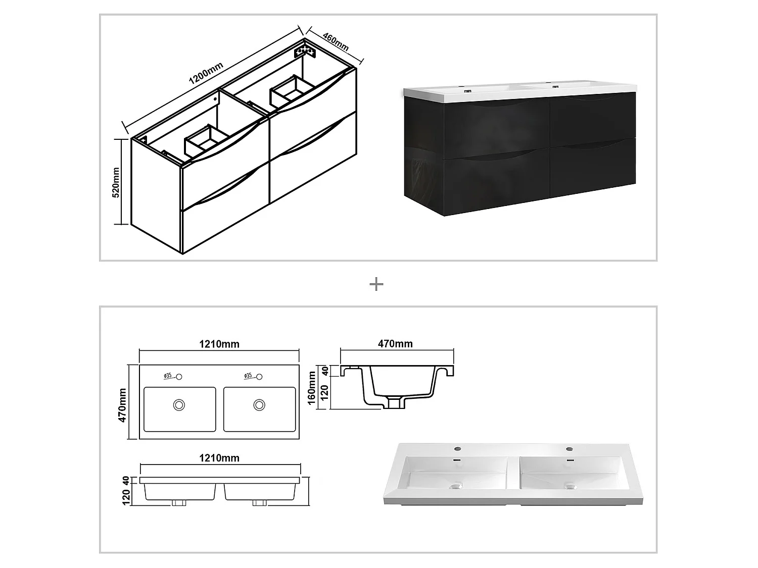 Meuble de salle de bain suspendu Brillant 120cm avec simple lavabo + 4 tiroirs, Noir