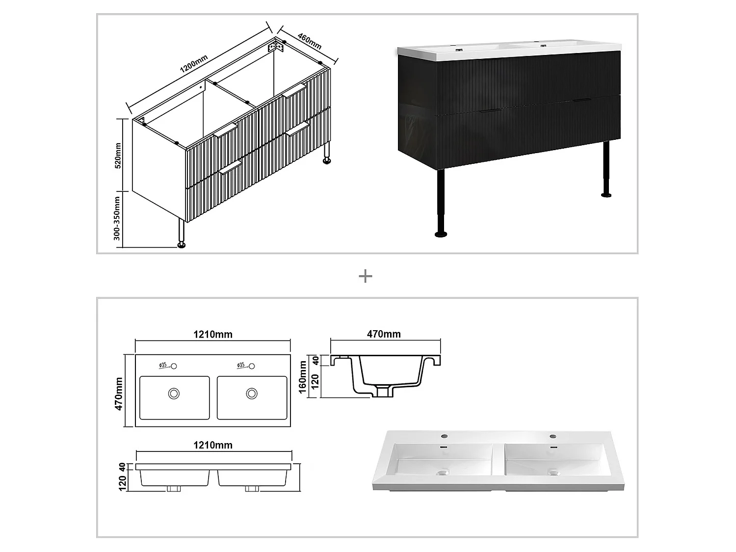 Meuble de salle de bain Strié Brillant, Meuble de sol 120cm avec simple lavabo + 4 tiroirs, Noir