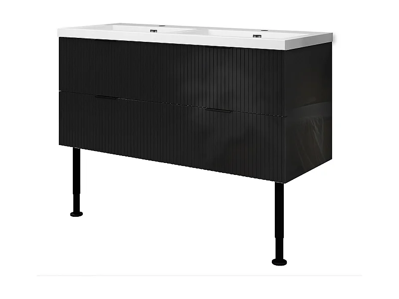 Meuble de salle de bain Strié Brillant, Meuble de sol 120cm avec simple lavabo + 4 tiroirs, Noir