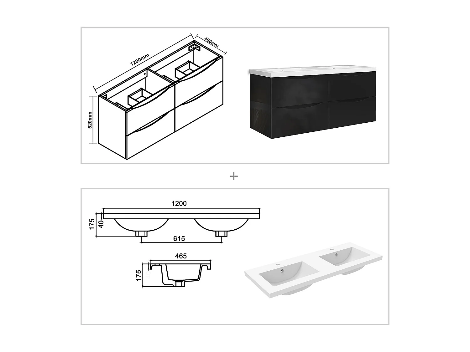 Meuble de salle de bain suspendu Brillant 120cm avec simple vasque + 4 tiroirs, Noir