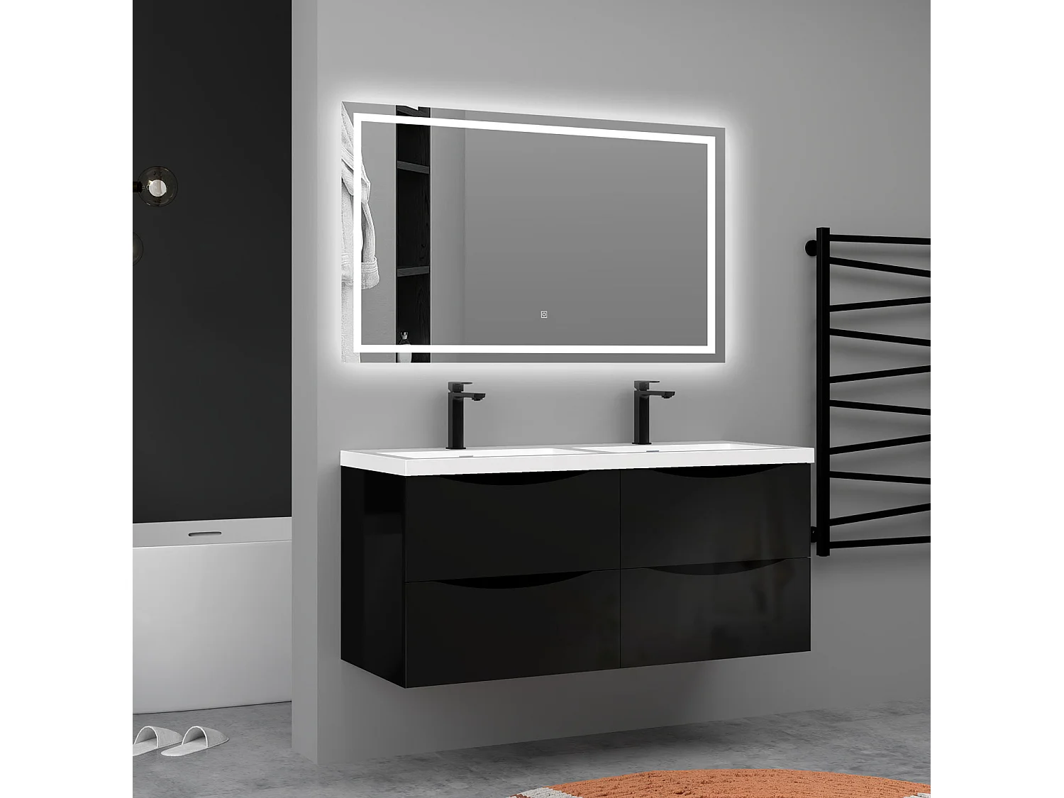 Meuble de salle de bain suspendu Brillant 120cm avec simple vasque + 4 tiroirs, Noir