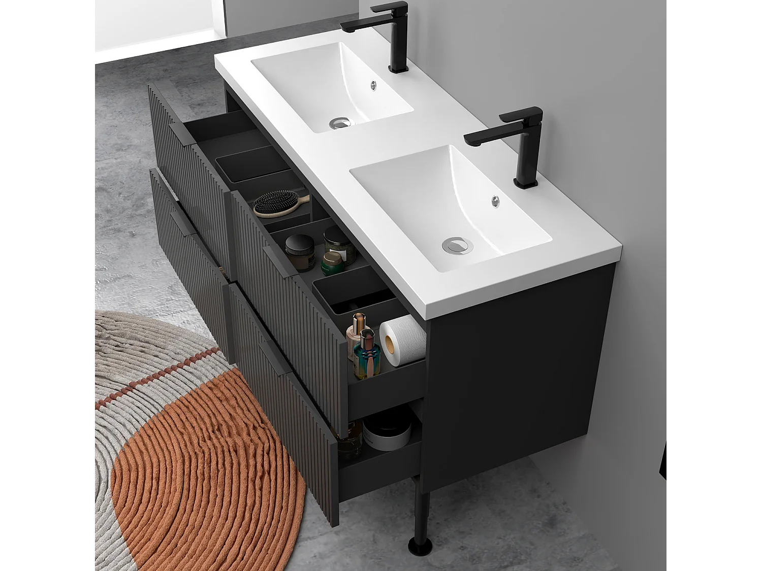 Meuble de salle de bain Strié Brillant, Meuble de sol 120cm avec simple vasque + 4 tiroirs, Anthracite