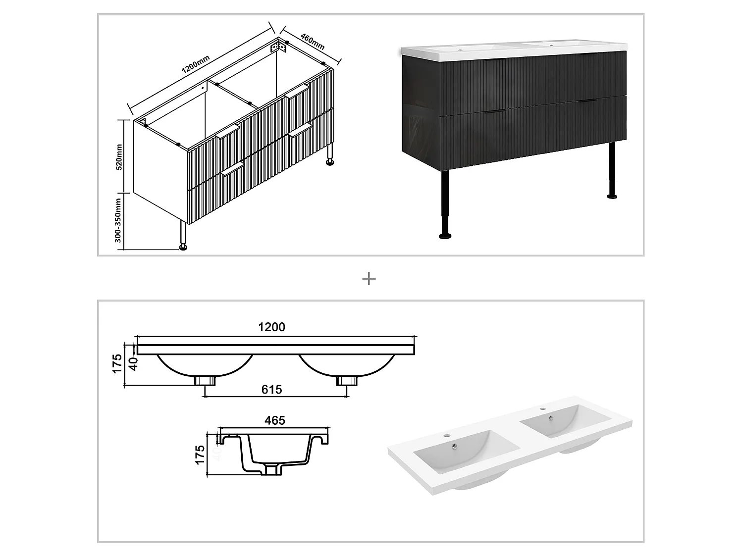 Meuble de salle de bain Strié Brillant, Meuble de sol 120cm avec simple vasque + 4 tiroirs, Anthracite