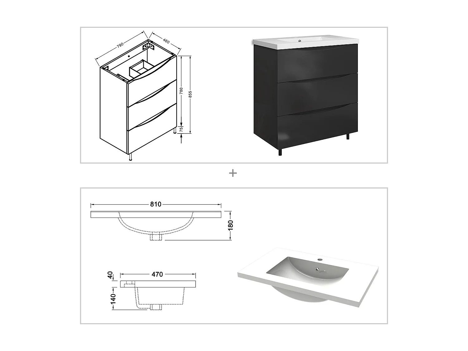Meuble de salle de bain Brillant, Meuble de sol 80cm avec simple vasque + 3 tiroirs, Anthracite