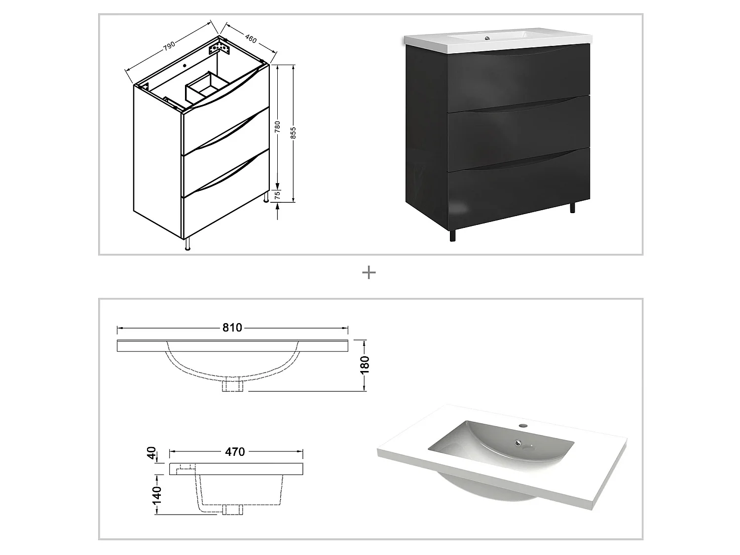 Meuble de salle de bain Brillant, Meuble de sol 80cm avec simple vasque + 3 tiroirs, Anthracite
