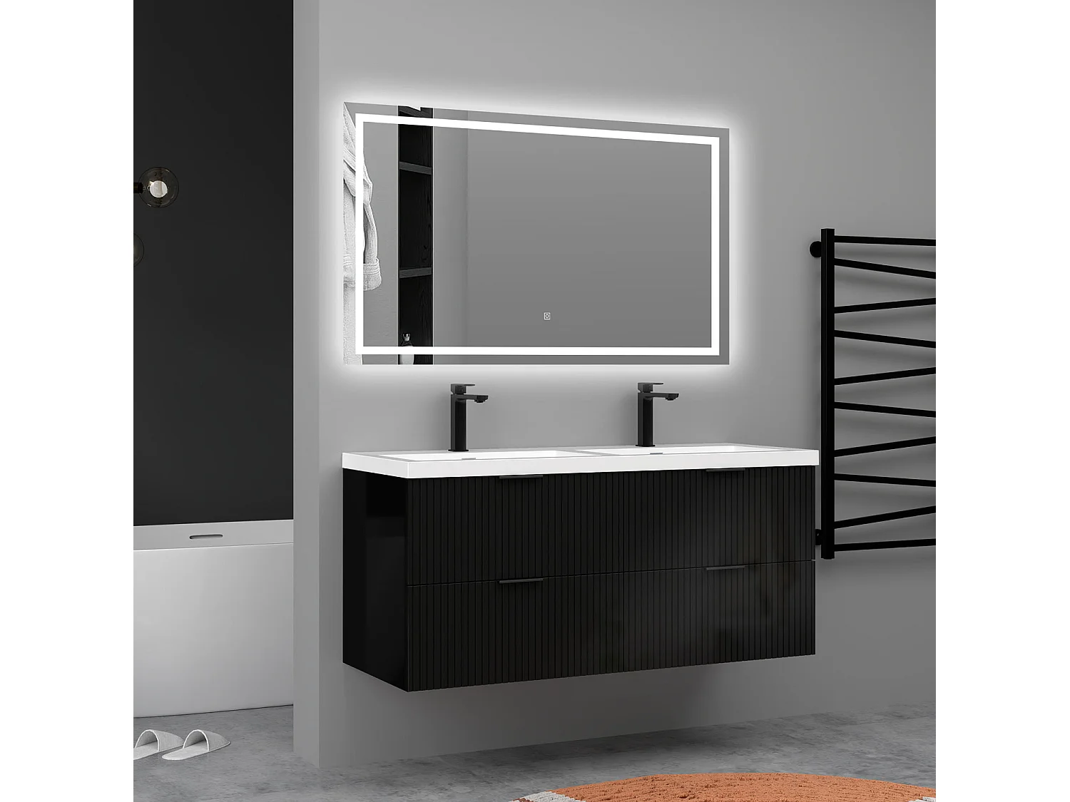 Meuble de salle de bain suspendu Strié Brillant 120cm avec simple lavabo + 4 tiroirs, Noir