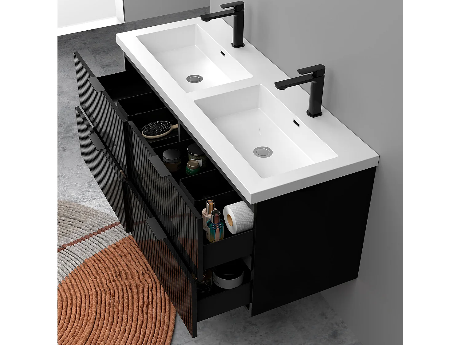 Meuble de salle de bain suspendu Strié Brillant 120cm avec simple lavabo + 4 tiroirs, Noir