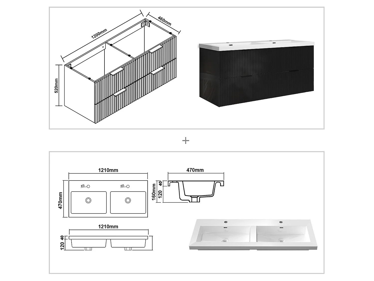 Meuble de salle de bain suspendu Strié Brillant 120cm avec simple lavabo + 4 tiroirs, Noir