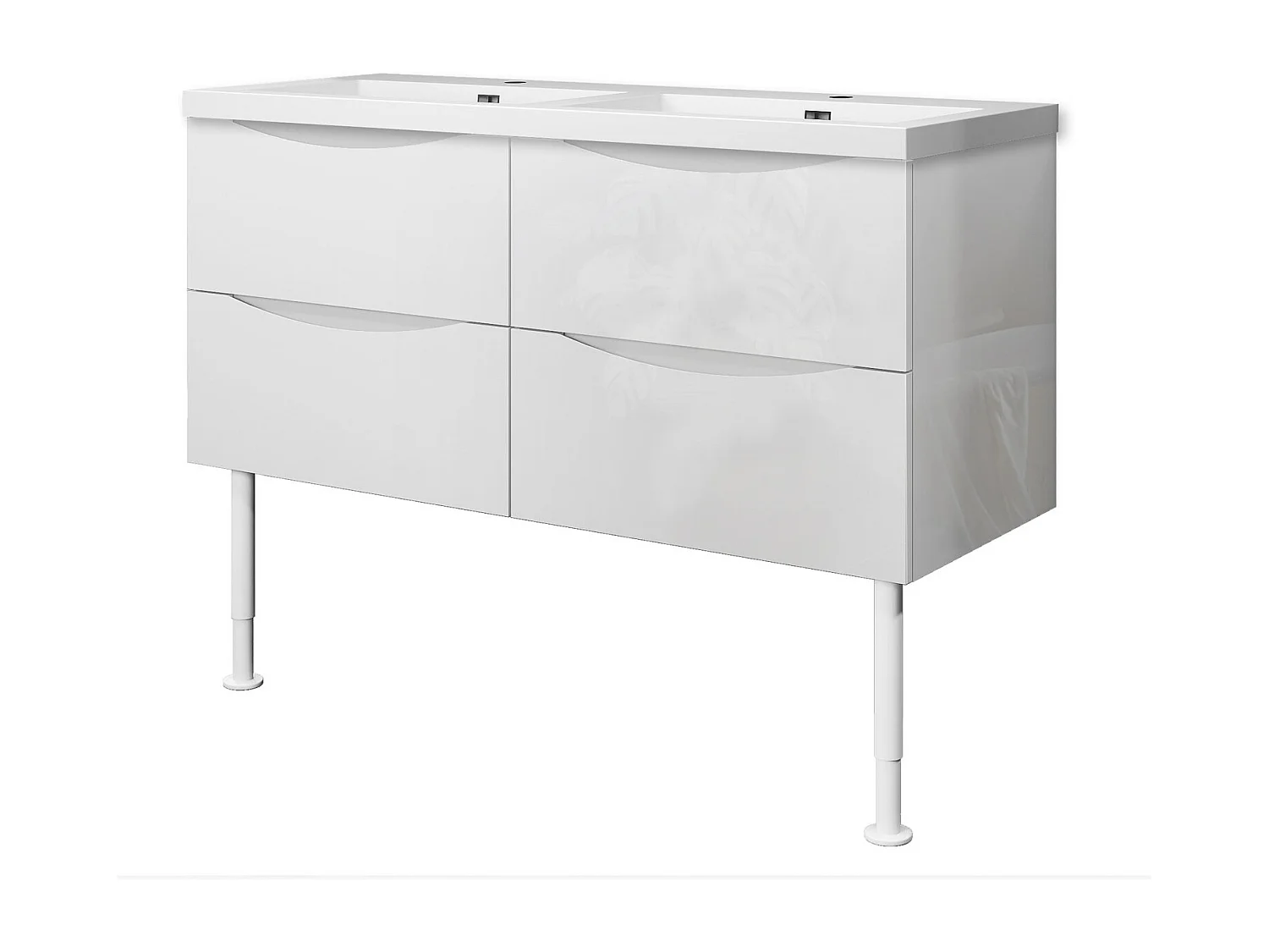 Meuble de salle de bain Brillant, Meuble de sol 120cm avec simple lavabo + 4 tiroirs, Blanc