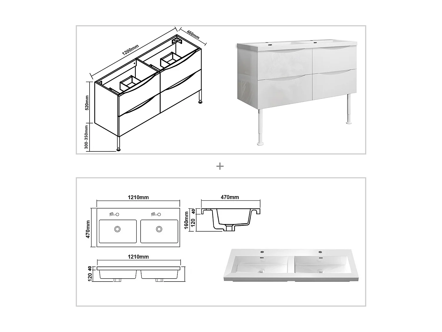 Meuble de salle de bain Brillant, Meuble de sol 120cm avec simple lavabo + 4 tiroirs, Blanc