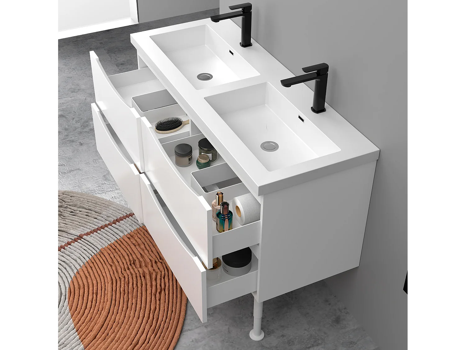 Meuble de salle de bain Brillant, Meuble de sol 120cm avec simple lavabo + 4 tiroirs, Blanc